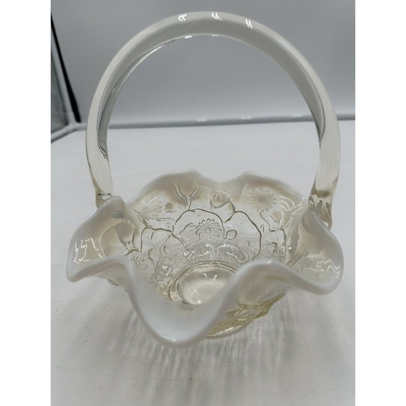 Fenton Handle Basket Bowl with Ruffled Edge Floral Pattern Opalescent Vintage - Picture 1 of 9